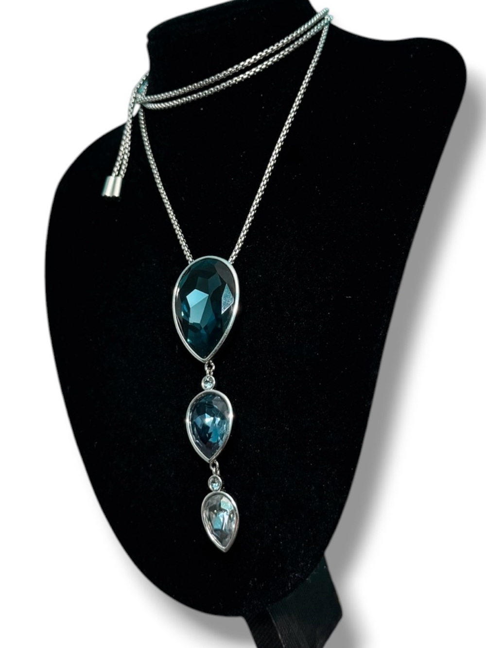 Touchstone Crystal Swarovski Blue Teardrop Adjustable Necklace Silver Tone - Picture 2 of 6